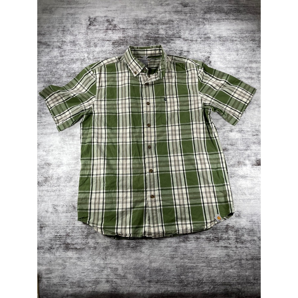 Carhartt Mens Relaxed Fit Plaid Short Sleeve Button Down Shirt Green Large